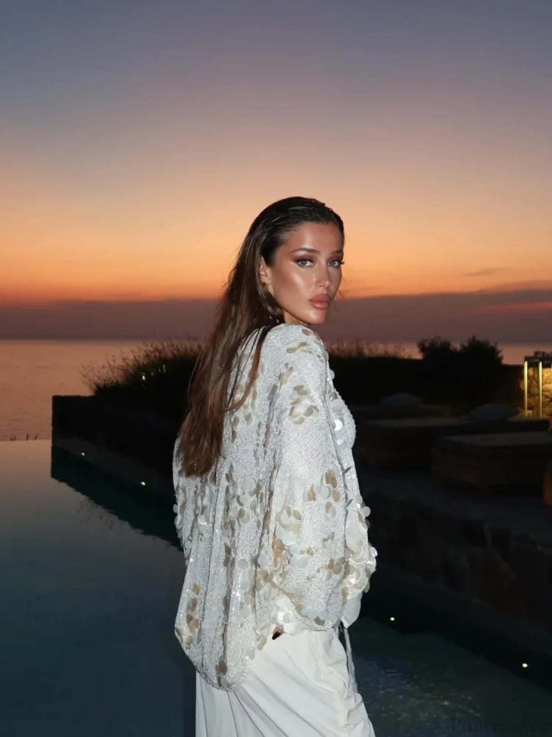 White Sequins Lace-up Shirt Coat