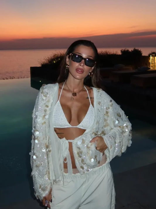 White Sequins Lace-up Shirt Coat Creamy-white / XS