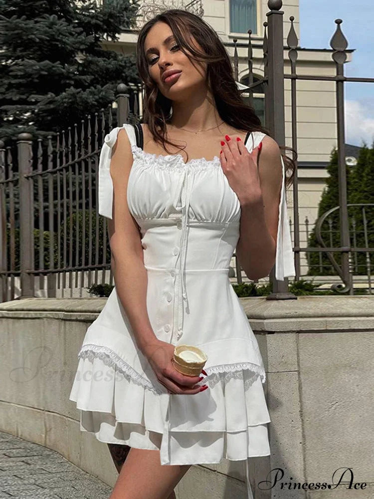 White Sleeveless Dress With Ruched Bust Gathering M / White Short Mini Dress
