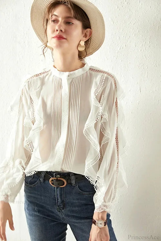 White Tiered Ruffles Hollow Out Cotton Boho Blouse White / S