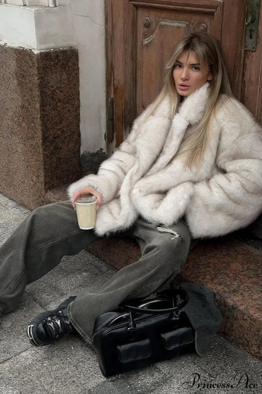 White Tip-Dyed Faux Fox Fur Mid-Length Coat White / XS