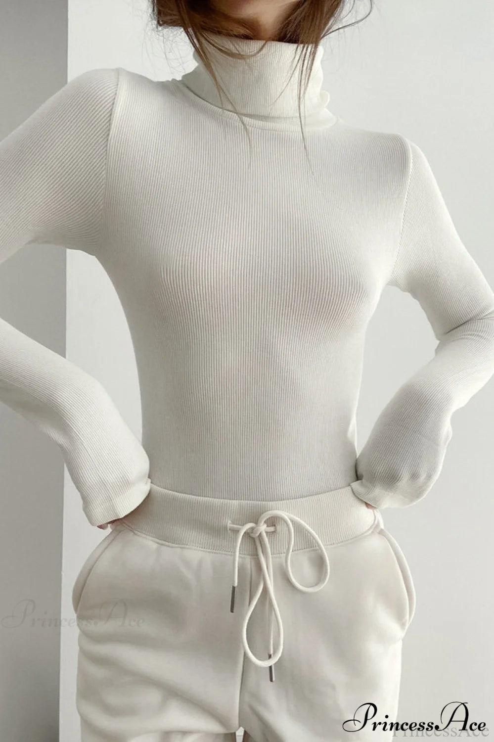 White Turtleneck Slim Knit Long Sleeve Tee