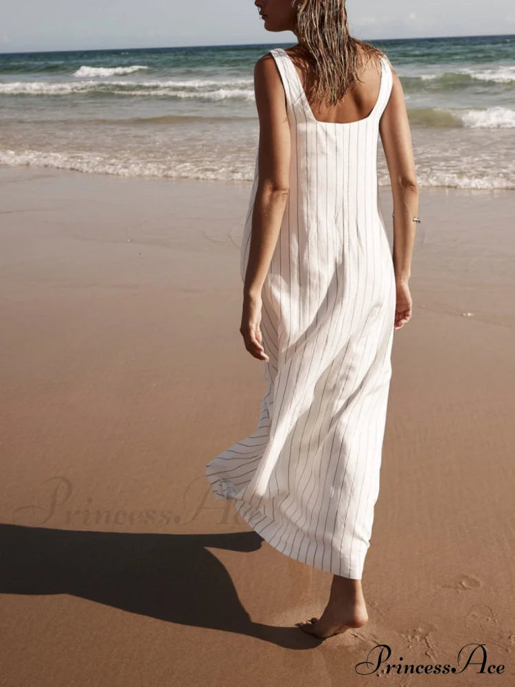 White With Charcoal Charming Pinstripe Maxi Dress / Xl Dresses