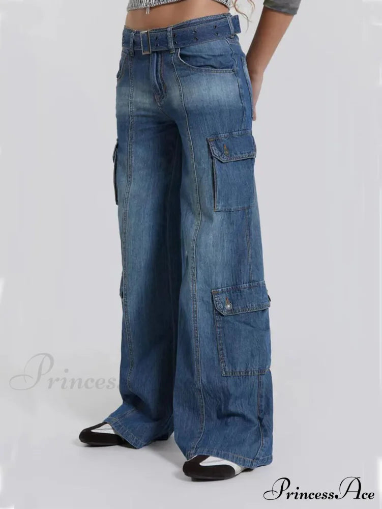 Wide Leg High Waist Patchwork Baggy Cargo Streetwear Y2K Vintage Denim Jean Stylish Loose Solid