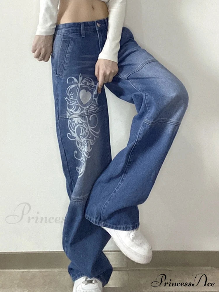 Wide Leg Oversize Y2K Patterned Baggy Winter Cargo Casual Jeans Low Autumn Waist Women’s Trousers