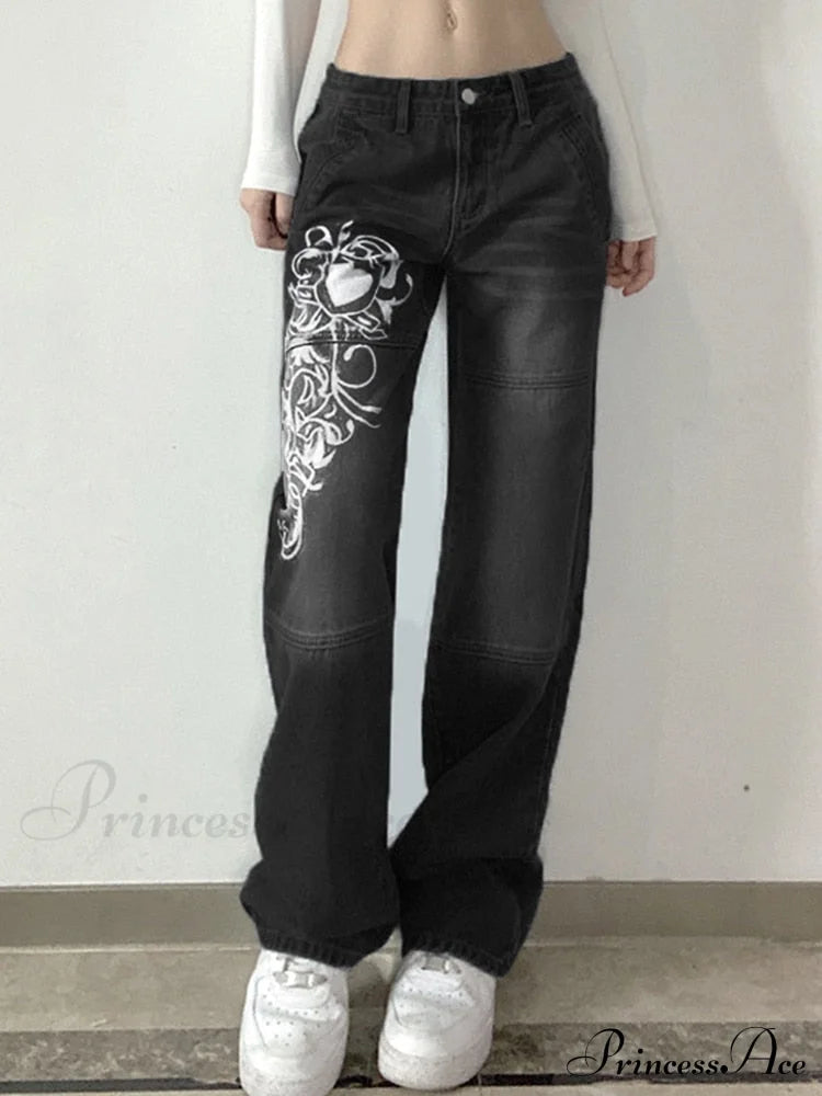 Wide Leg Oversize Y2K Patterned Baggy Winter Cargo Casual Jeans Low Autumn Waist Women’s Trousers
