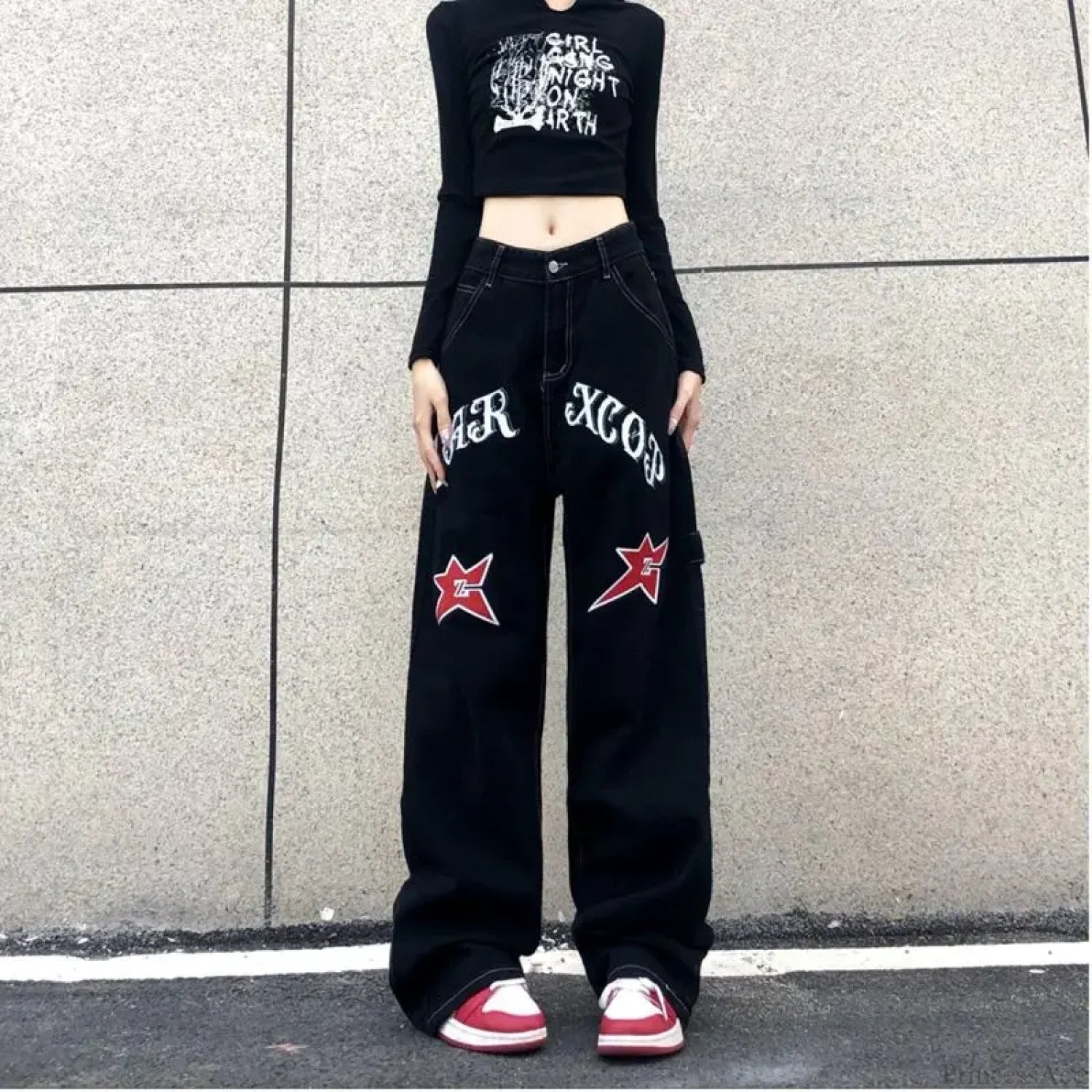 Wide Leg Stars Letter Print Jeans Pants