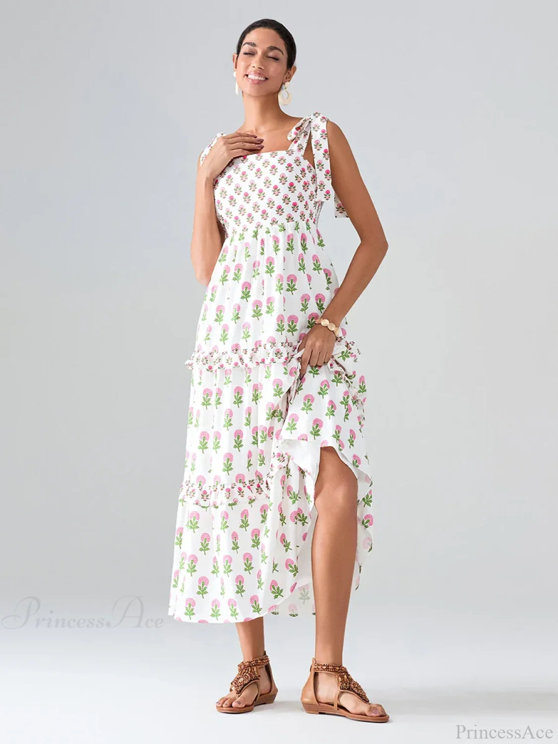 Wide Straps Flowy Floral Bohemian Beach Frill Trim Square Neck A-Line Dress floraldress-250126