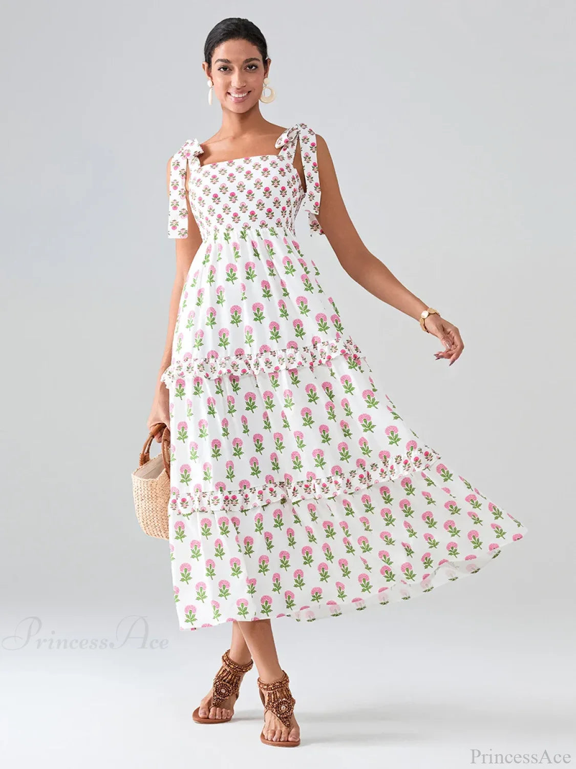 Wide Straps Flowy Floral Bohemian Beach Frill Trim Square Neck A-Line Dress MULTI / S floraldress-250126