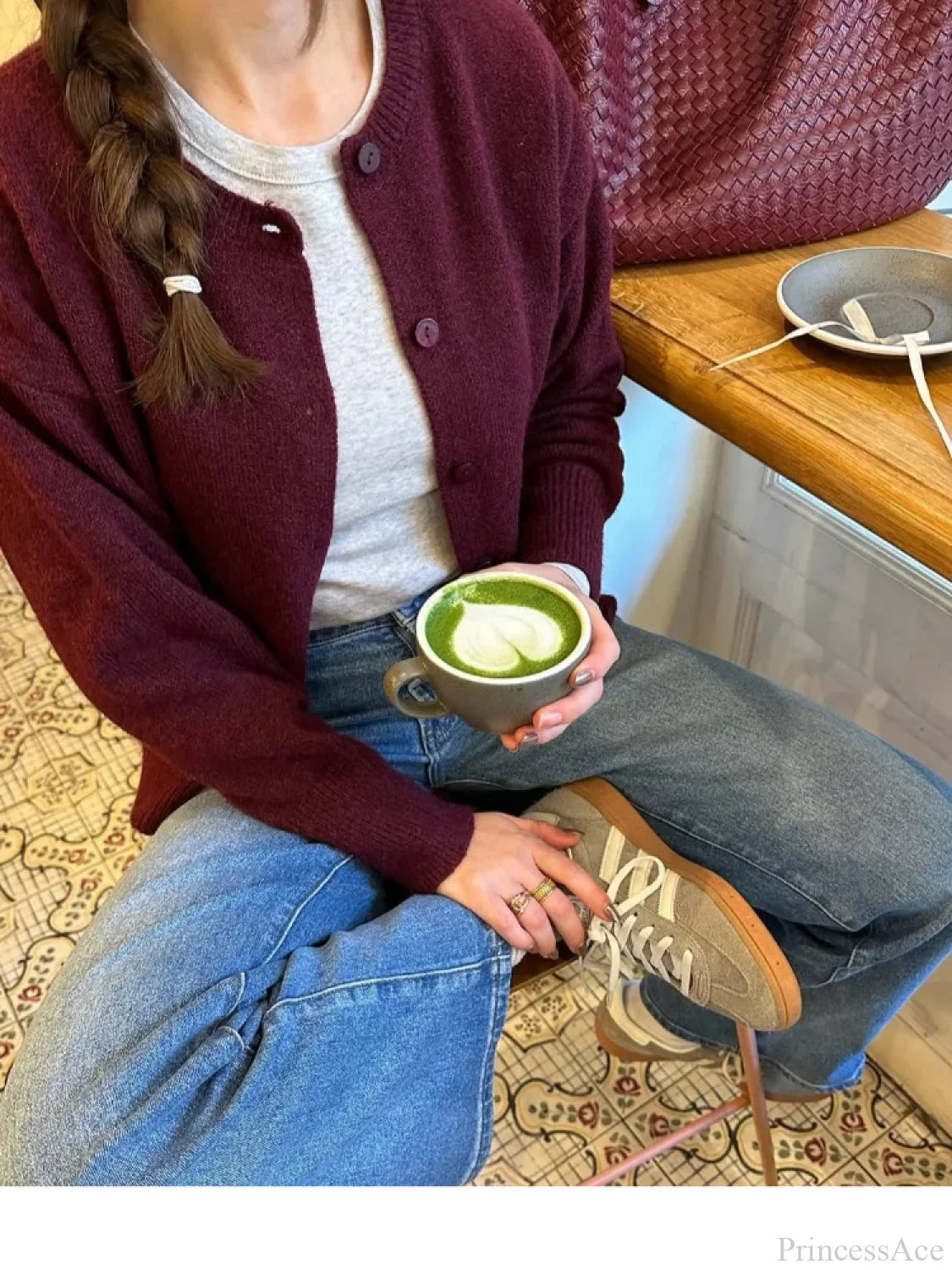 Wine Red Button Round Neck Cardigan