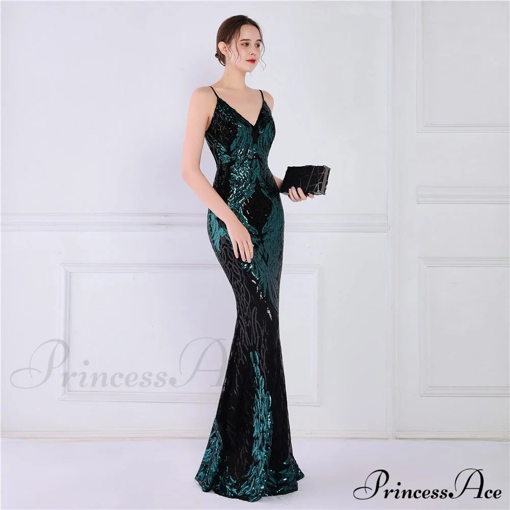 Wings Pattern Sequin Mesh Strappy Gown - Lady Occasions