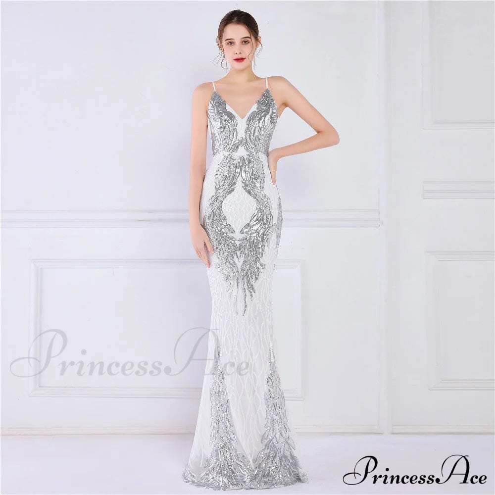Wings Pattern Sequin Mesh Strappy Gown - Lady Occasions