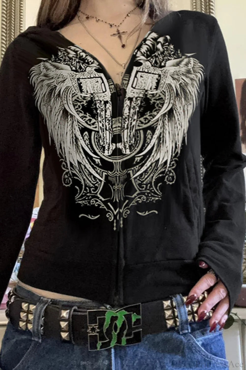 Wings Print Zip Up Y2K Hoodie Black / S