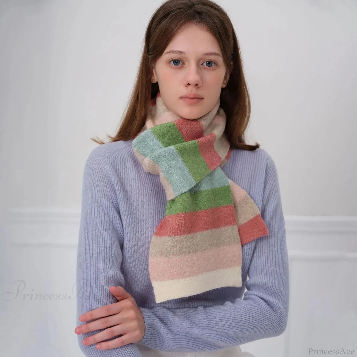 Winter Cashmere Shawl Women Colorful Striped Neck Scarf Brown-Green / L162Cm W20Cm Scarfs-L