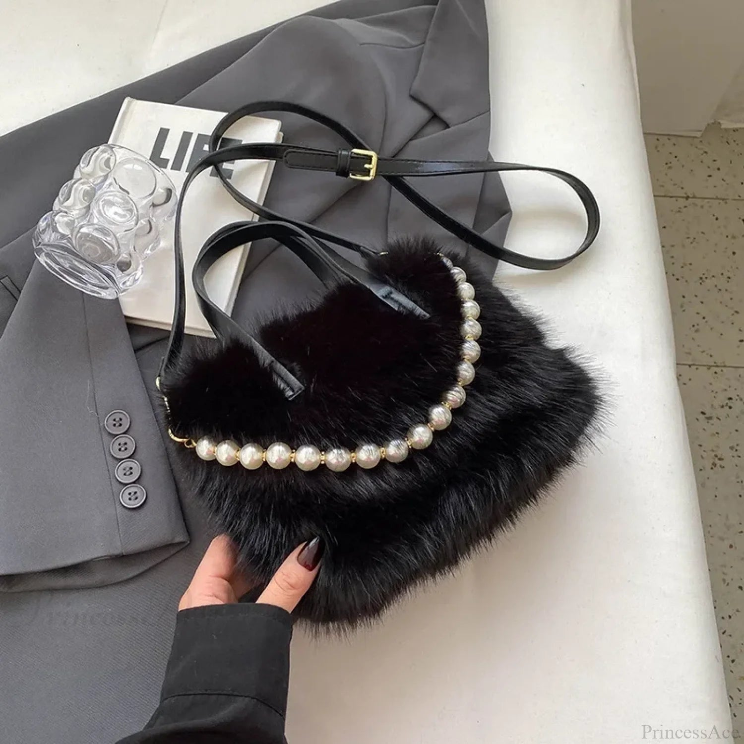 Winter Faux Fur Crossbody Pearl Chain Decor Handbag Black handbag-250126