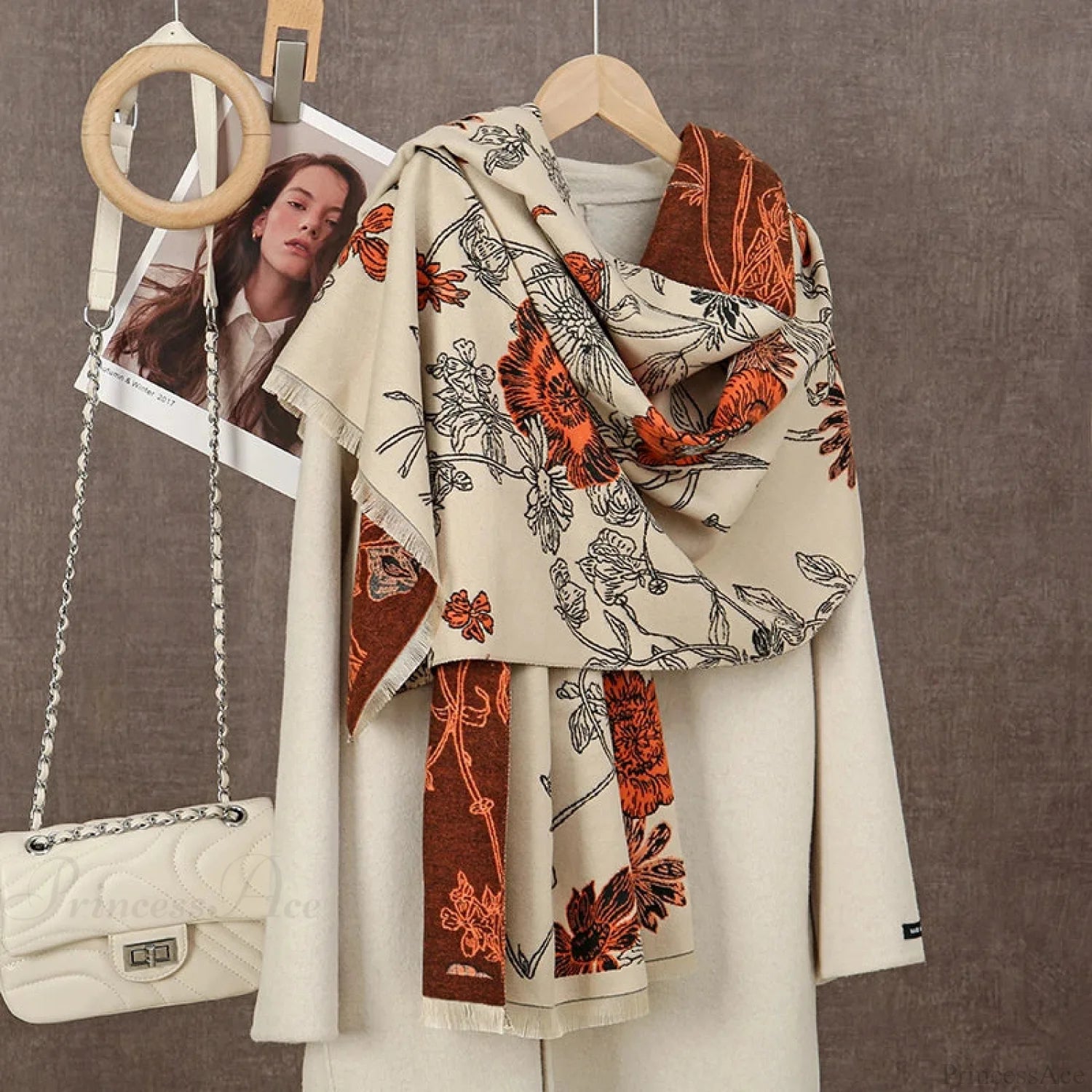 Winter Plaid Cashmere Poncho Tassel Scarf - Luxury Warm Thickened Unisex Orange Scarfs-L