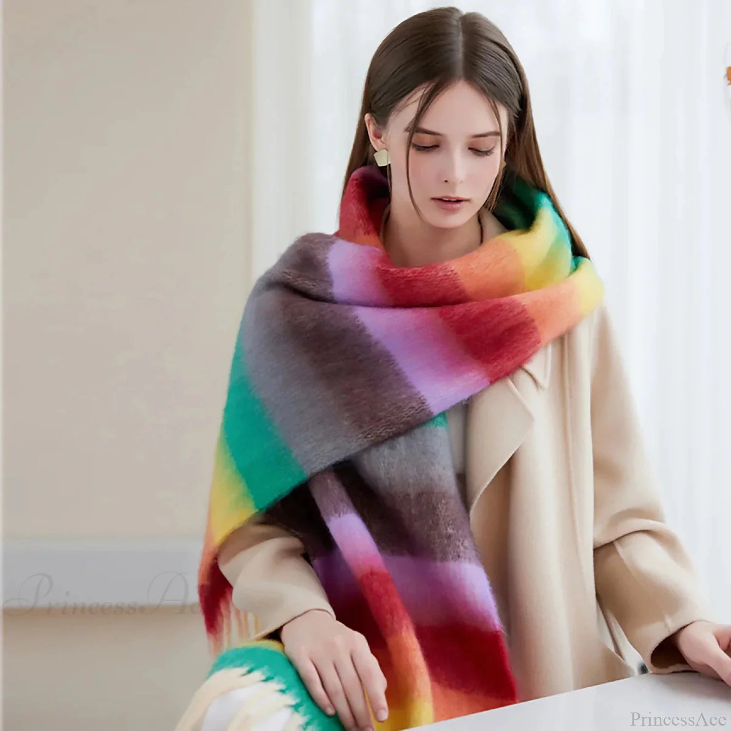 Winter Plaid Cashmere Poncho Tassel Scarf - Luxury Warm Thickened Unisex Scarfs-L