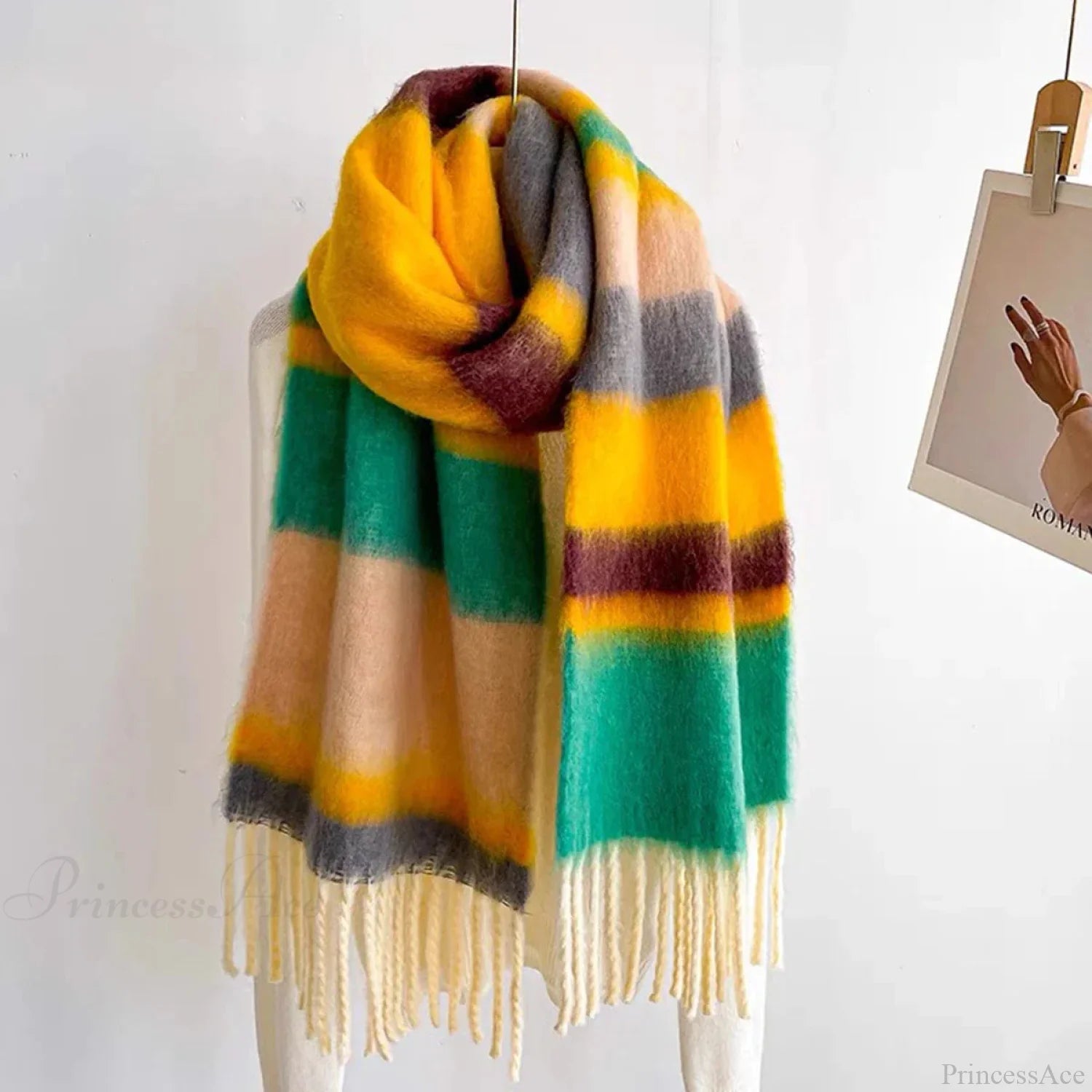 Winter Plaid Cashmere Poncho Tassel Scarf - Luxury Warm Thickened Unisex Yellow Green Scarfs-L