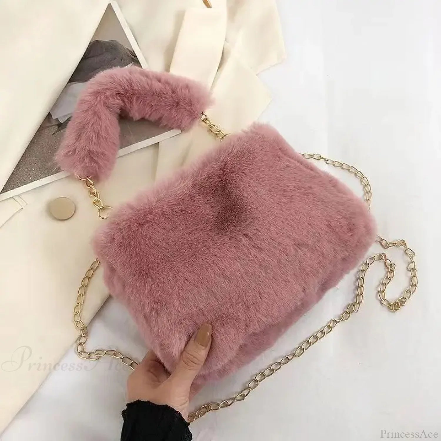 Winter Plush Fluffy Small Square Crossbody Handbag Dark Pink handbag-250126
