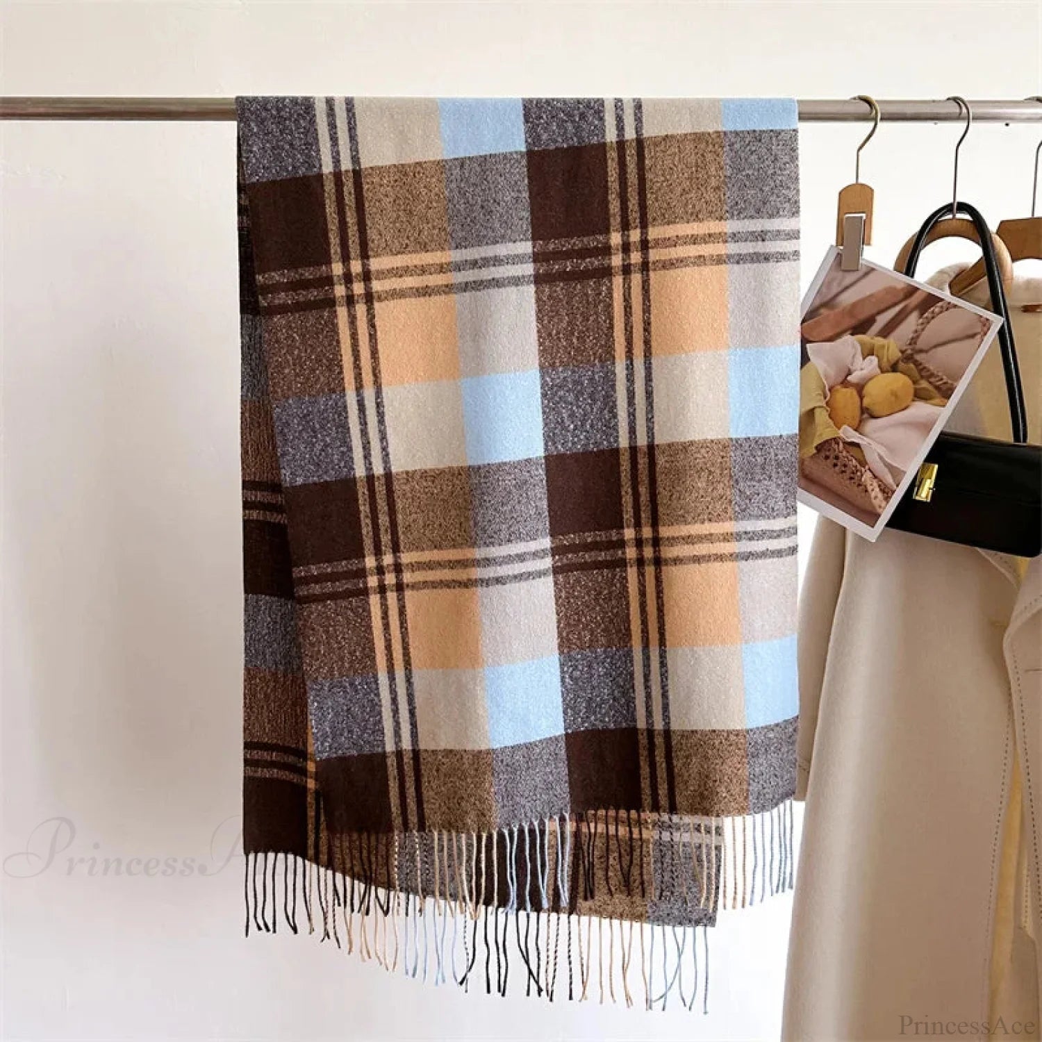 Winter Warm Colorful Cashmere Like Thick Pashmina Tassels Plaid Scarf Brown-Blue Scarfs-L