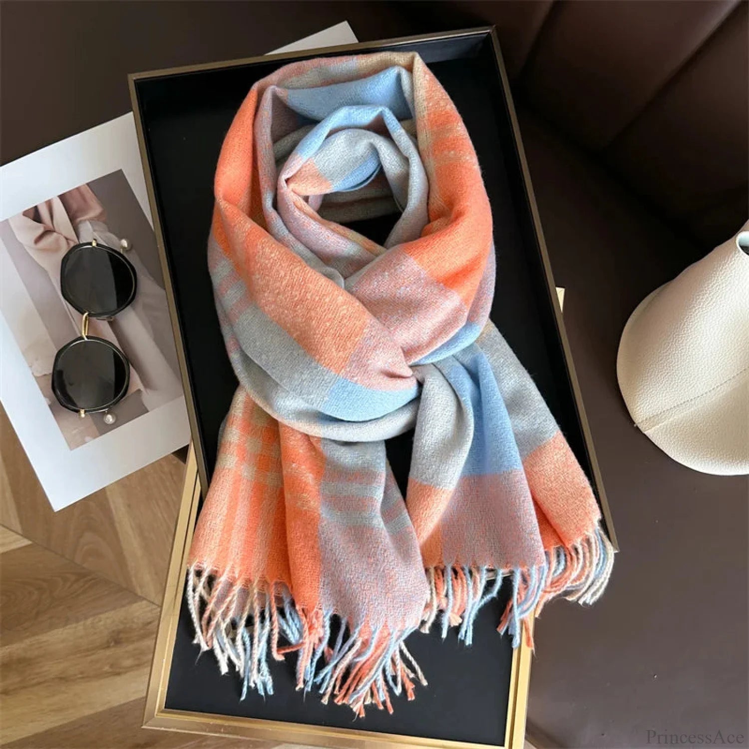 Winter Warm Colorful Cashmere Like Thick Pashmina Tassels Plaid Scarf Orange-Light Blue Scarfs-L