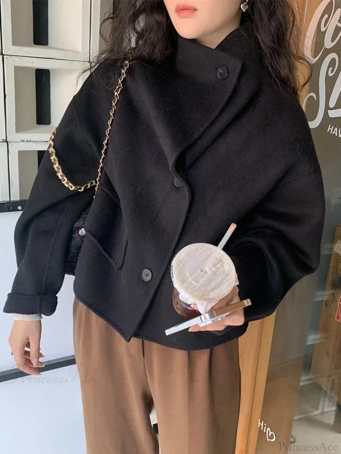 Winter Wool Stand Collar Single-Breasted Overcoat Black / One Size