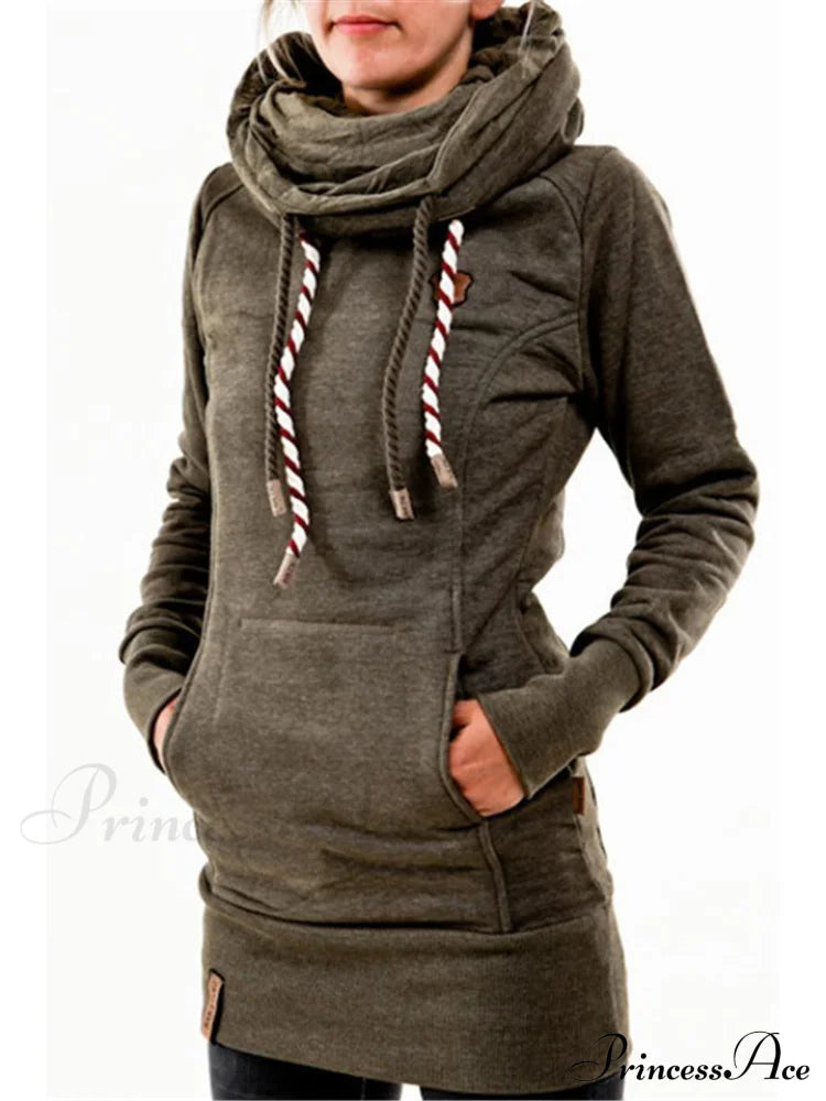 With And Front Hooded Pocket Fit Slim Sweatshirt Pullover Drawstring Army Green / S Sweaters-L