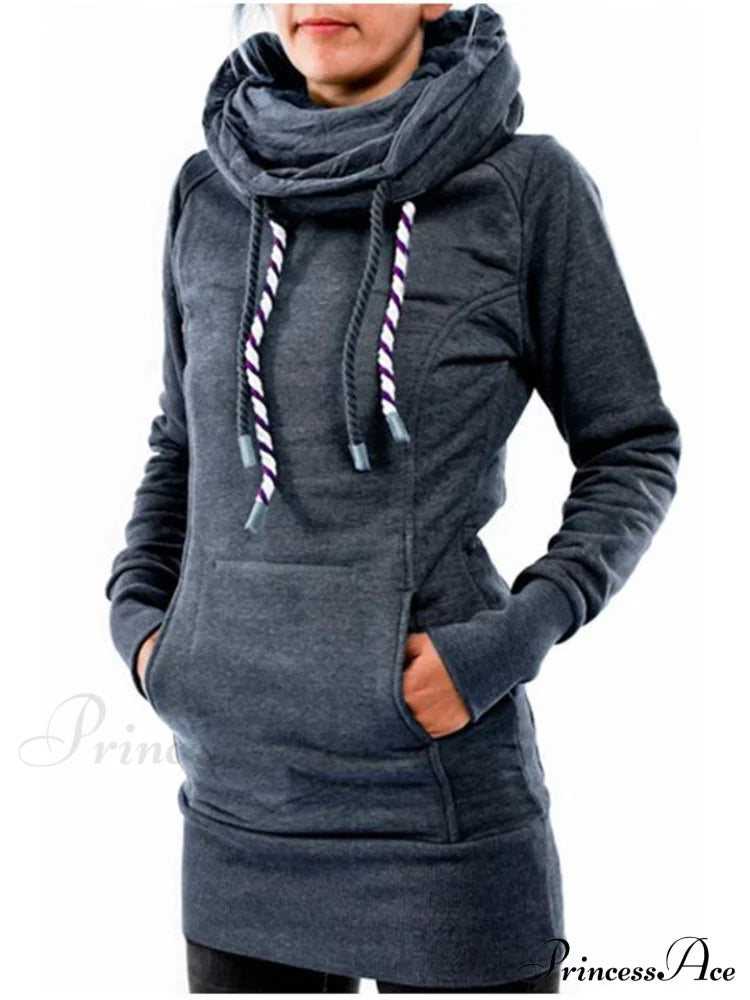 With And Front Hooded Pocket Fit Slim Sweatshirt Pullover Drawstring Blue / S Sweaters-L