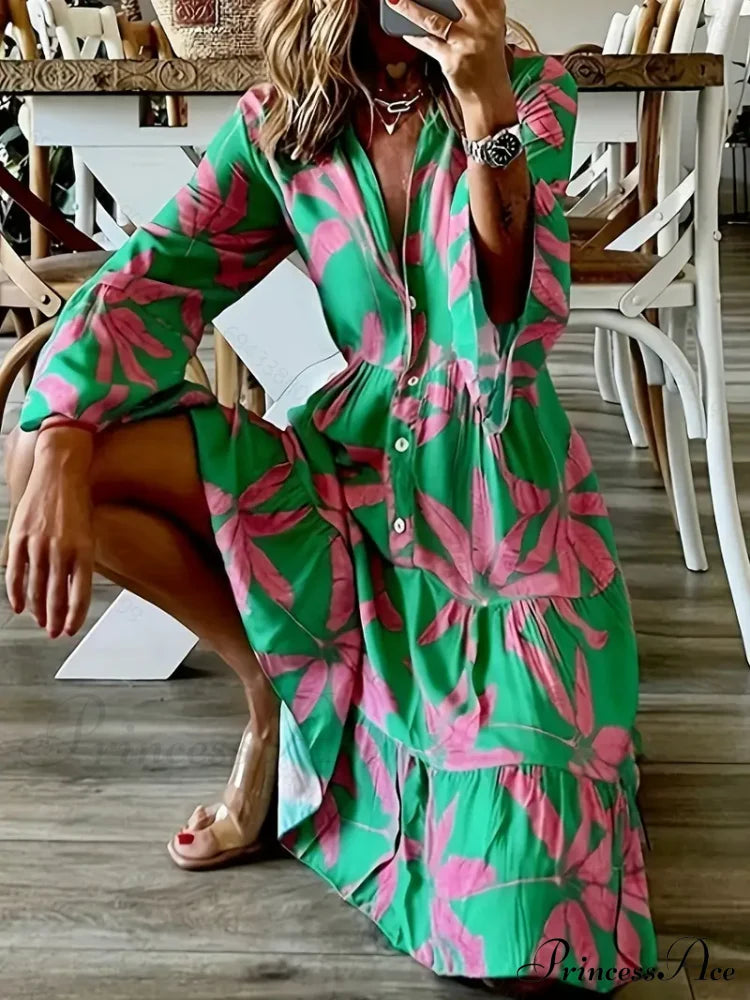 With Arm Long Gown Leaves Full-Length Tiered Print M / Magenta Long Sleeve Print Dress