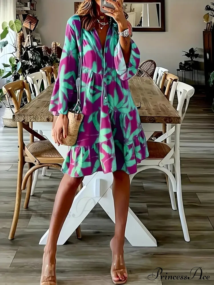 With Arm Long Gown Leaves Full-Length Tiered Print M / Purple Long Sleeve Print Dress