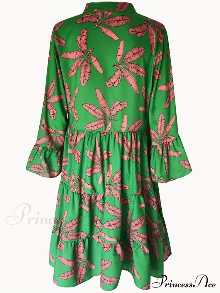 With Arm Long Gown Leaves Full-Length Tiered Print S / Blue Long Sleeve Print Dress