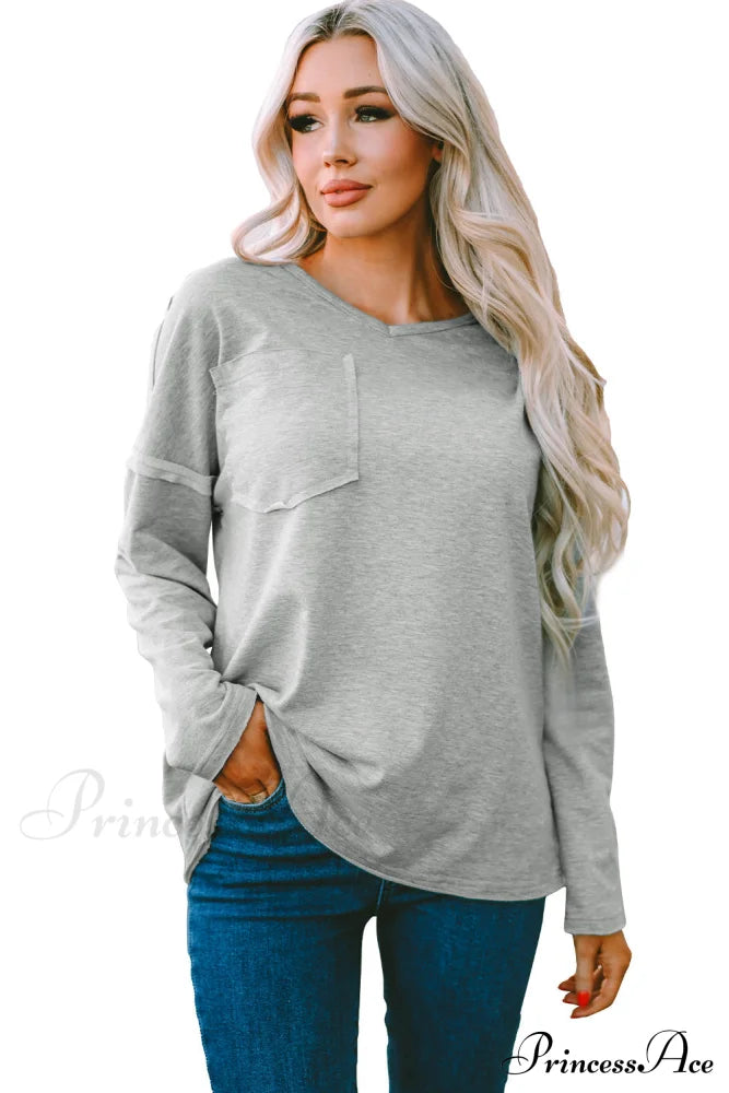 With - Arm Oversized Top Pockets Drop Gray Tops