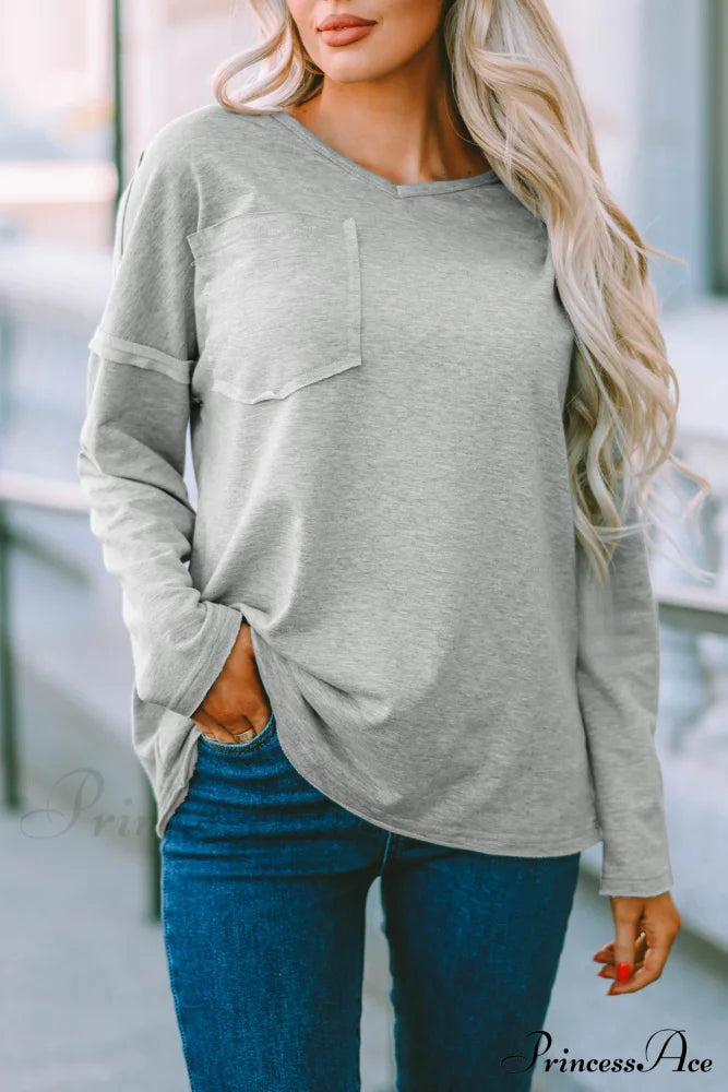 With - Arm Oversized Top Pockets Drop Gray Tops