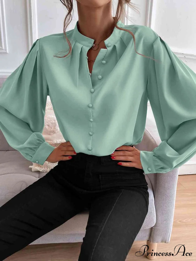 With Blouse Long Front Arm Button Mock Neck