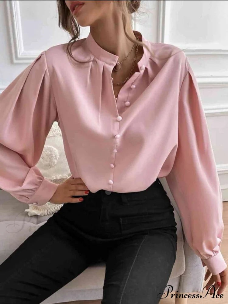 Mock Neck Button Front Long Sleeve Shirt Blush Pink clothes G@S long sleeve shirt long sleeve shirts long sleeve top long sleeve tops Ship From Overseas shirt shirts tops Tops/Blouses