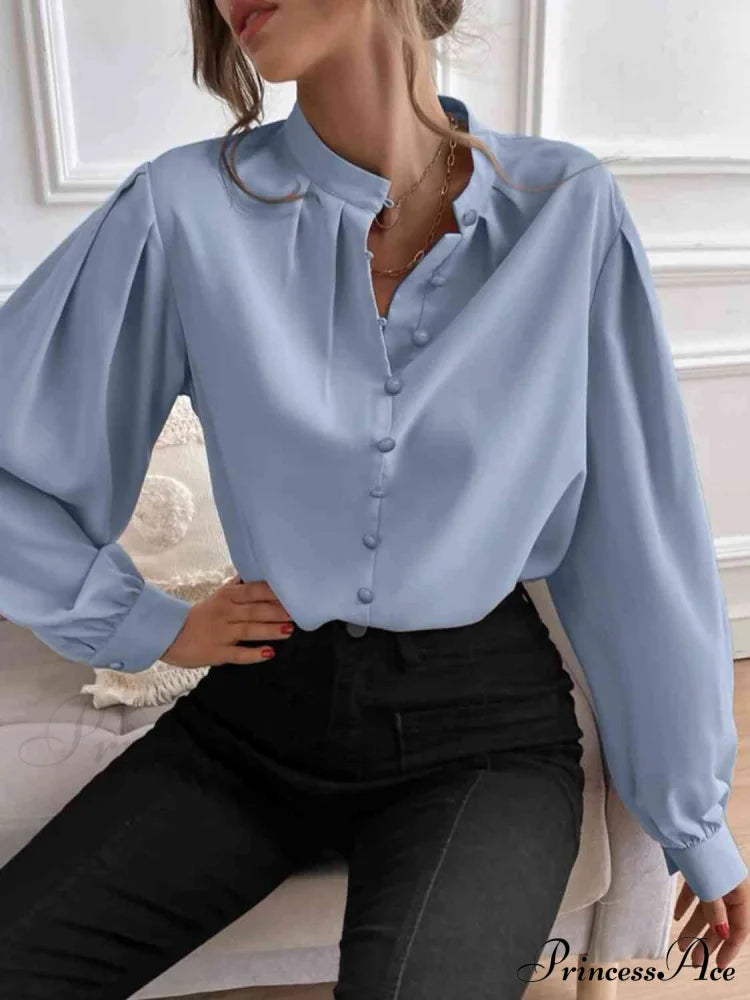 Mock Neck Button Front Long Sleeve Shirt Misty Blue clothes G@S long sleeve shirt long sleeve shirts long sleeve top long sleeve tops Ship From Overseas shirt shirts tops Tops/Blouses