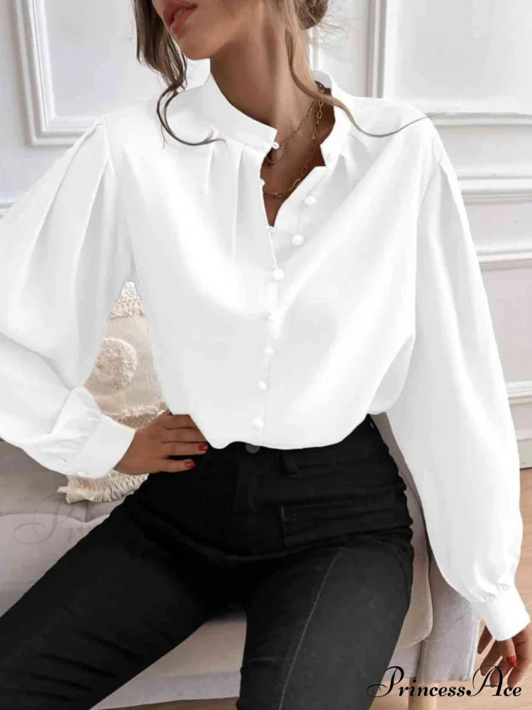 Mock Neck Button Front Long Sleeve Shirt White clothes G@S long sleeve shirt long sleeve shirts long sleeve top long sleeve tops Ship From Overseas shirt shirts tops Tops/Blouses