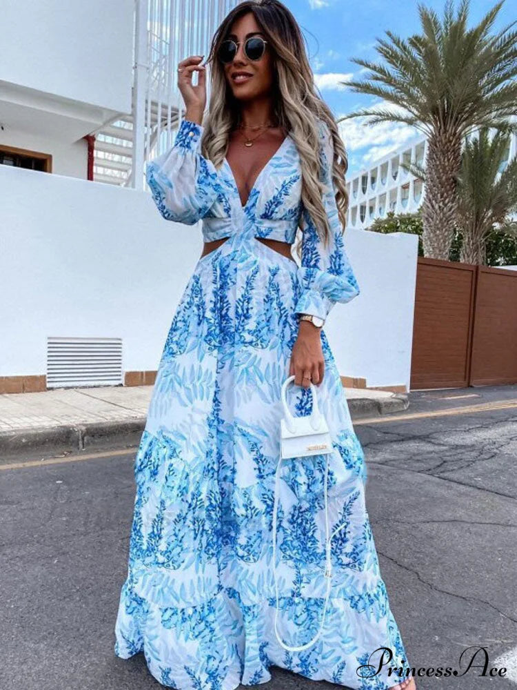 With Long Gown Bachelorette Design V-Neck Flowered Full-Length Sleeves S / Green Blue Print Maxi