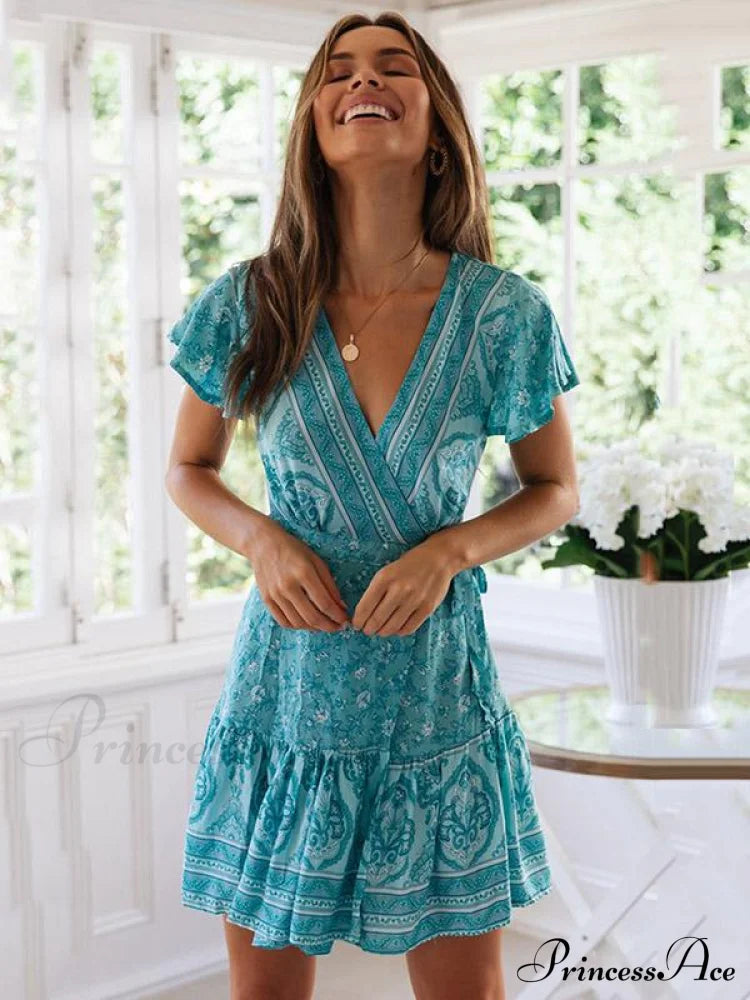 With Mini Gown V-Neck Patterned Bandage L / Lake Blue Dresses