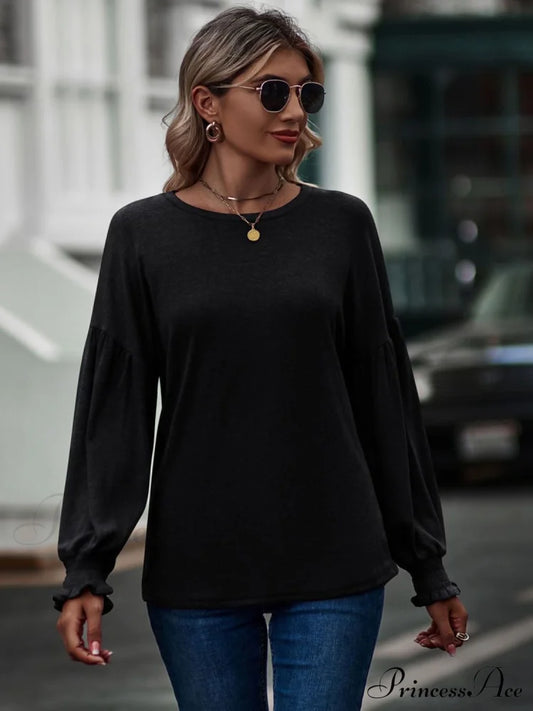 Round Neck Dropped Shoulder Flounce Sleeve T-Shirt Black clothes D&Yi long sleeve shirts long sleeve top Ship From Overseas Shipping Delay 09/29/2023 - 10/04/2023 top tops trend