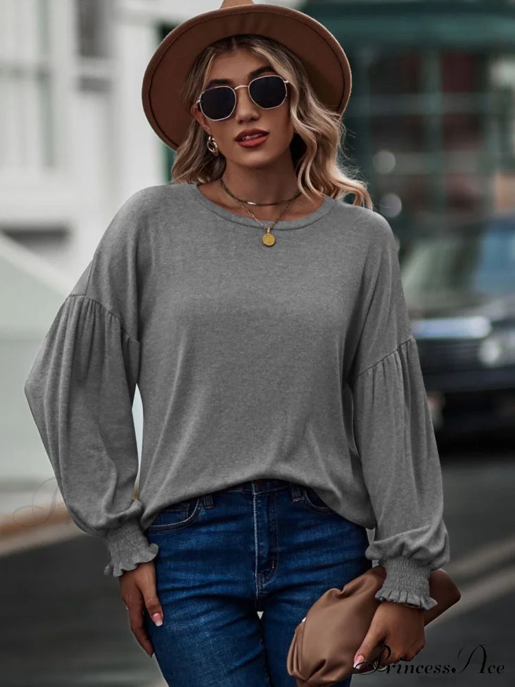 Round Neck Dropped Shoulder Flounce Sleeve T-Shirt Light Gray clothes D&Yi long sleeve shirts long sleeve top Ship From Overseas Shipping Delay 09/29/2023 - 10/04/2023 top tops trend