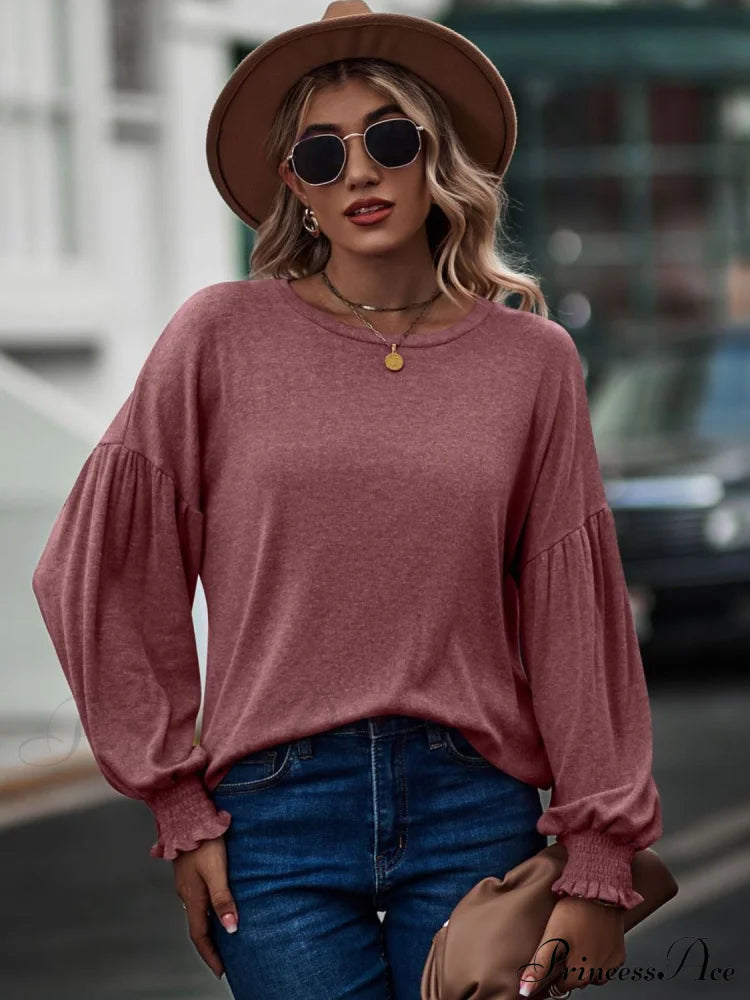 Round Neck Dropped Shoulder Flounce Sleeve T-Shirt Light Mauve clothes D&Yi long sleeve shirts long sleeve top Ship From Overseas Shipping Delay 09/29/2023 - 10/04/2023 top tops trend