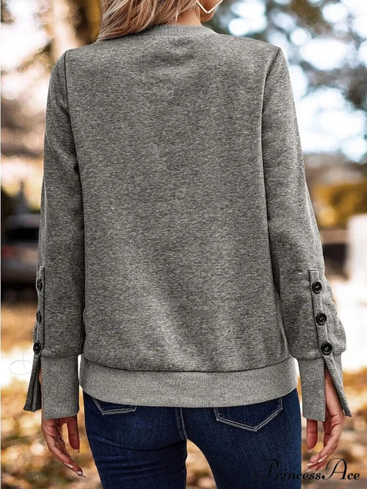 With Pullover Gray Sweatshirt Women’s Button Detail