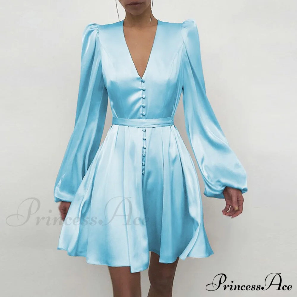 With Ruffle Lantern Gown Elegant Solid Women Sleeves Blue / S