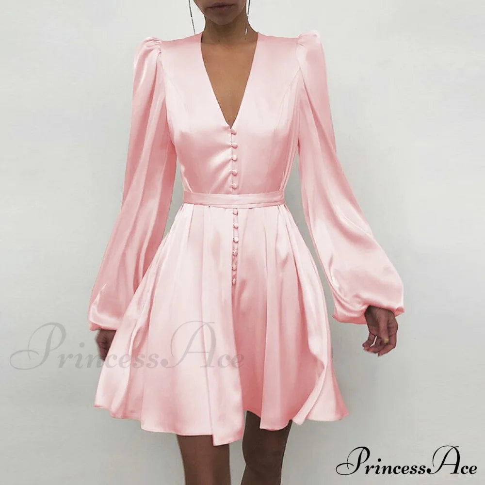 With Ruffle Lantern Gown Elegant Solid Women Sleeves Pink / S