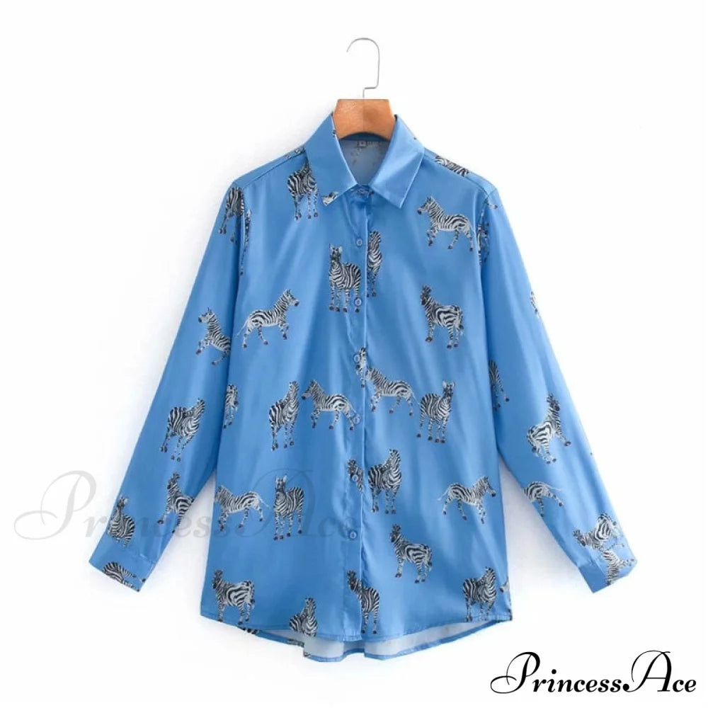 With Satin Blouse Design Arm - Long Women’s Zebra Top Blue / Xs