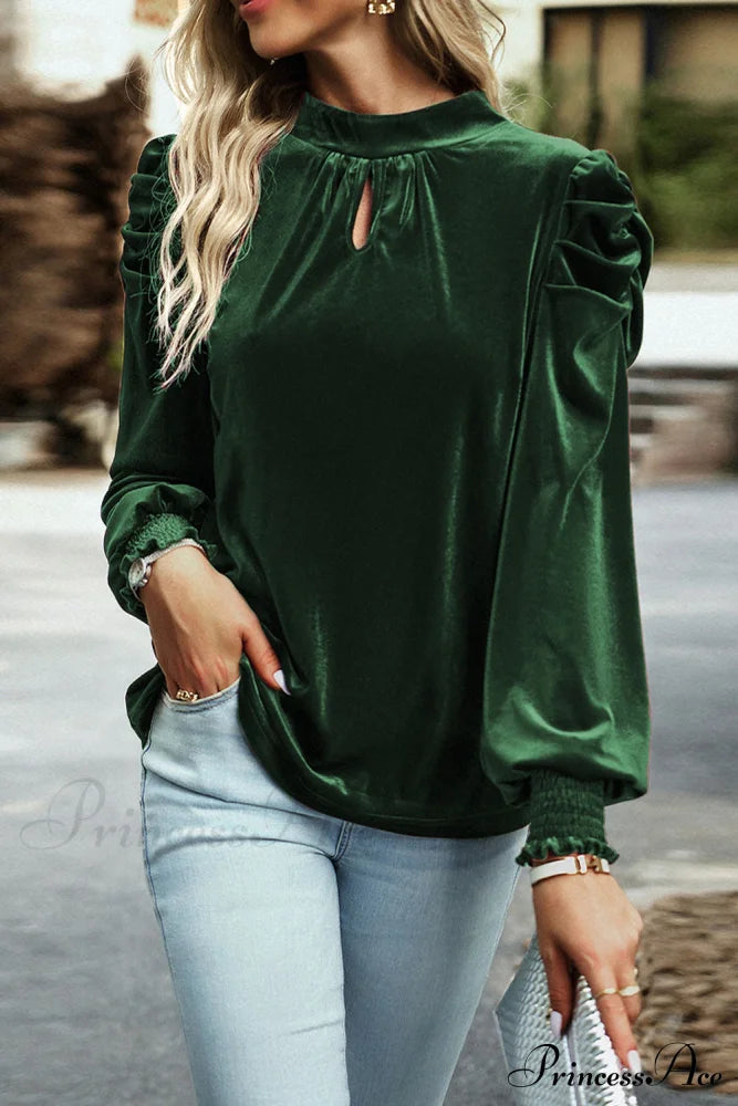 With Sleeves Velvet Puff And Neck Blackish In Mock Blouse Green Tops