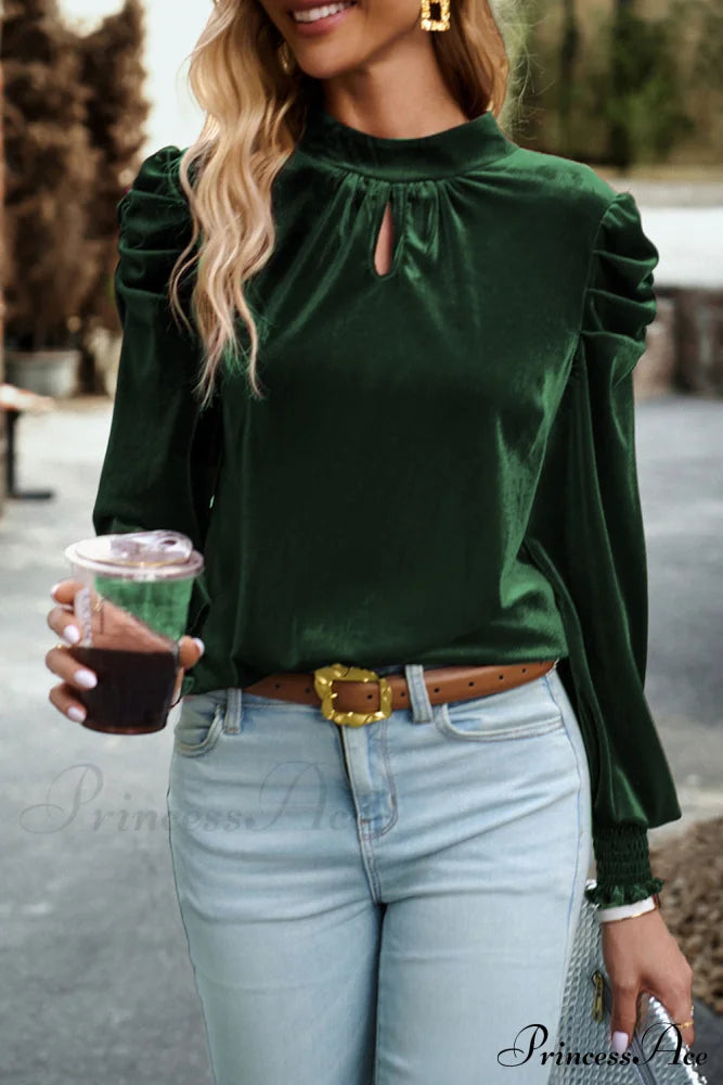 With Sleeves Velvet Puff And Neck Blackish In Mock Blouse Green Tops