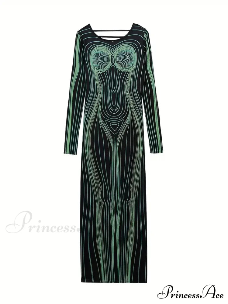 With Striped Long Body Shape Out Design Gown Cut Sleeves S / Bright Red Green Bodcyon Party Dress