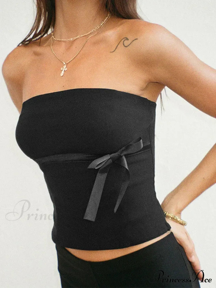 Women 2024 Harajuku Pullover Strapless Bowtie Patchwork Skinny Crops Camisole Shirt Outfits Tank Top